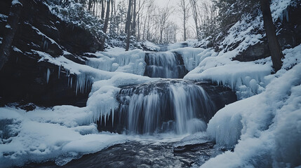 A frozen waterfall cascading over icy rocks with snow-covered trees surrounding the scene.