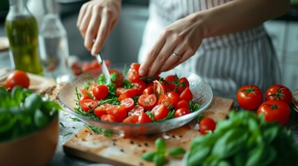 A person carefully slices ripe tomatoes and arranges them in a bowl while surrounded by fresh basil and other ingredients in a warm, inviting kitchen
