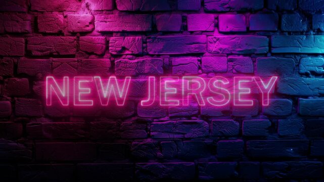 Video footage of Pink glowing New Jersey text, typography neon on brick wall background. Looped Neon abstract Lines.