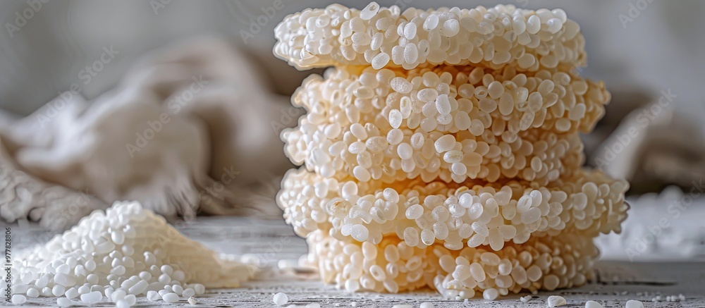 Aufkleber a closeup of a stack of fresh crunchy rice cakes on a white wooden table. copy space image. place fo