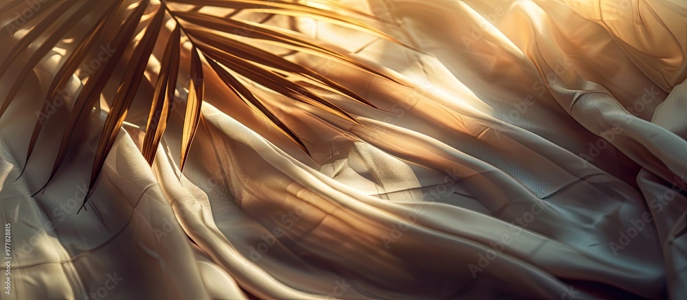 Poster dry tropical palm leaf on soft fabric with prominent folds illuminated by sunlight. copy space image