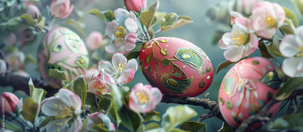 Aufkleber beautifully painted easter eggs nestled in the branches of a blooming apple tree. copy space image. 