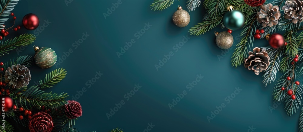 Poster christmas tree adorned with ornaments. copy space image. place for adding text and design