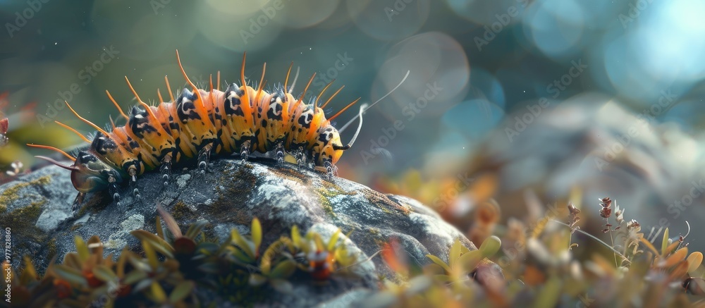 Poster side perspective of a caterpillar on a rock. copy space image. place for adding text and design