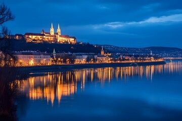 Fototapeta premium Evening view of illuminated cityscape along the Danube River in Budapest. Generative AI