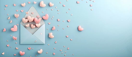 Open white envelope featuring pink and peach heart shapes on a blue background copy space love and Valentine s gift