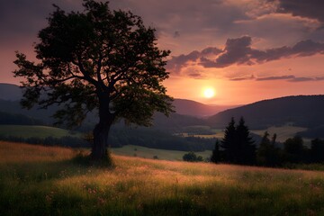 Fototapeta premium Sunset over rolling hills with a solitary tree in a tranquil landscape. Generative AI