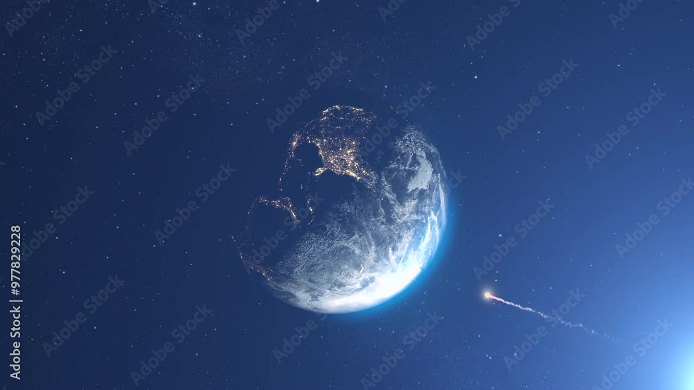 Wall mural meteor asteroid flying toward planet earth, camera rotating 3d rendering of planet earth with potent