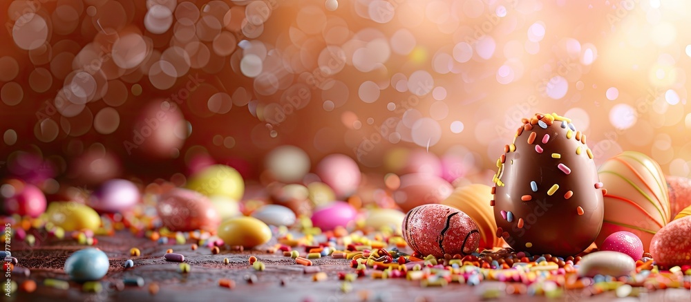 Aufkleber festive easter backdrop featuring chocolate eggs and candies. copy space image. place for adding tex