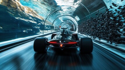 Backview of a Futuristic Formula One Car Racing Through an Underwater Glass Tunnel Circuit Surrounded by Flocks of Mechanical Birds.