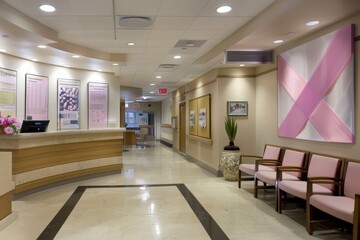 Breast Cancer Awareness Display in Modern Hospital Lobby - Informative Posters and Pink Ribbon Symbol