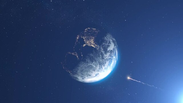 Meteor Asteroid flying toward planet earth, camera rotating
3d rendering of planet earth with potential asteroid threat,4k,2024 
