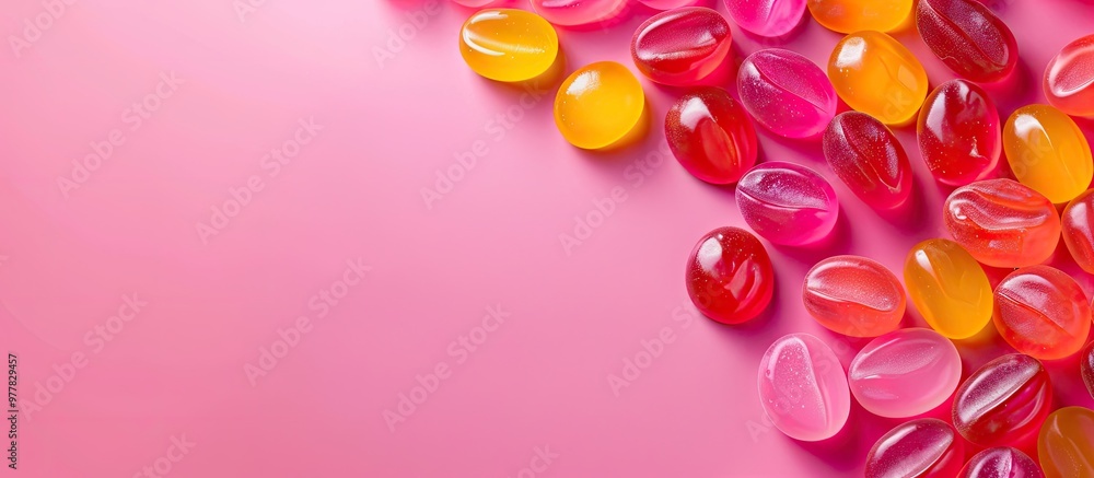 Poster a colorful assortment of jelly sweets as a background with copyspace for text top view