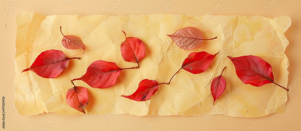 Aufkleber several red fallen cherry leaves from autumn on a yellow paper background flat lay. copy space image