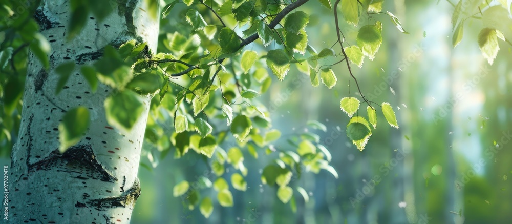 Aufkleber young birch foliage. copy space image. place for adding text and design