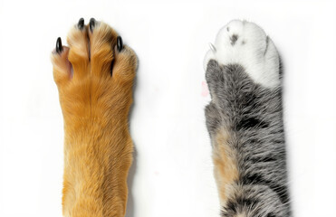 A close up of a cat's paw and a dog's paw on a white background