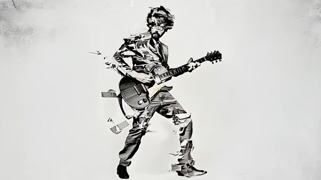 Rock guitarist silhouette created from torn paper and dynamic textures