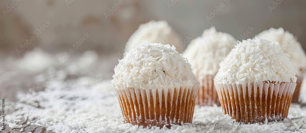 Poster cakes covered in coconut shavings selective focus. copy space image. place for adding text and desig