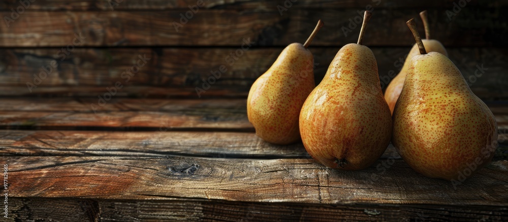 Poster Fresh pears on a wooden table Nashi Japanese pear fruits. Copy space image. Place for adding text and design