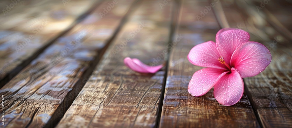 Poster single pink flower on a wooden background. copy space image. place for adding text and design