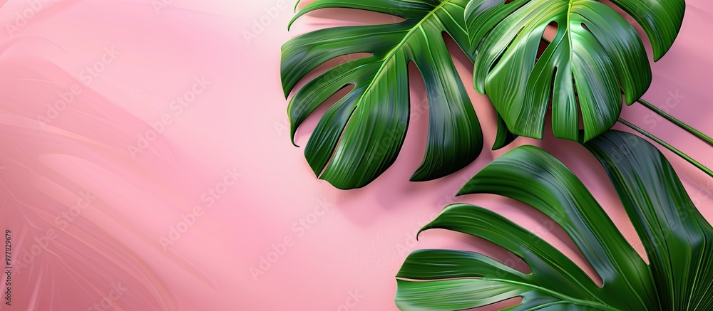 Aufkleber two monstera leaves on a pink background. copy space image. place for adding text and design