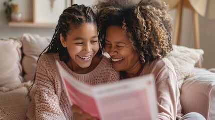 Mother and Daughter Laughing Together While Reading Breast Cancer Prevention Pamphlet in Cozy Living Room