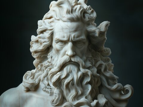 A finely chiseled marble bust of Zeus in classical tradition, showcasing intricate craftsmanship and expression. The muscular, imposing deity represents ancient mythology and artistic mastery in stone
