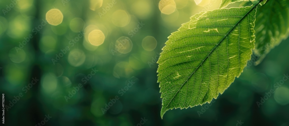 Poster close up view of a green leaf with a blurred green backdrop in the garden featuring copy space and n