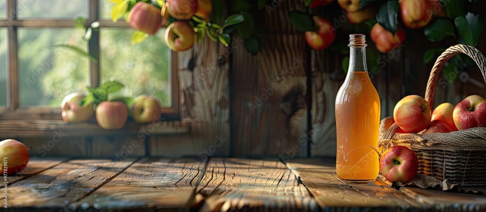 Poster bottle of apple cider on a wooden table apples in a basket side view of fresh fruit. copy space imag