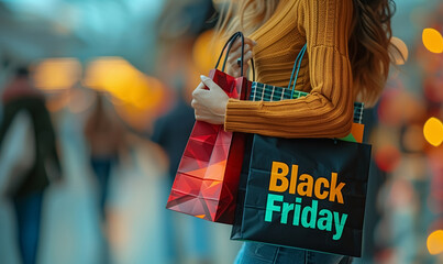 ''Black Friday'' images showing big sales in the shopping malls and happy girl holding many bags and packs written Black Friday sales