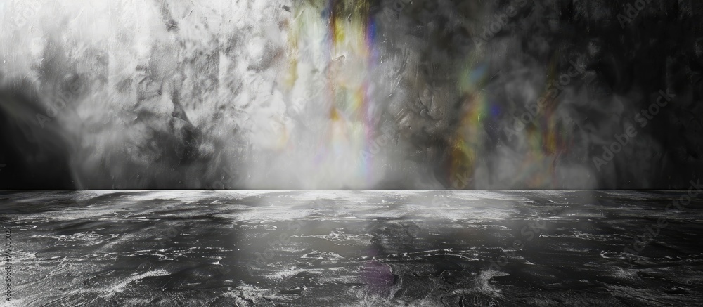Poster black and white grainy blurred texture wall with rainbow refraction light and shadow smoke create an