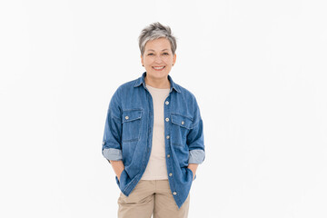 Confident positive adult old mature middle-age lady woman in white t-shirt denim shirt short bob...