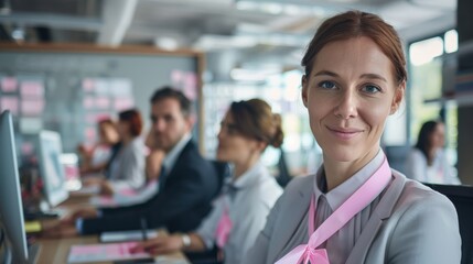 Fototapeta premium Corporate Team Wearing Pink Ribbons in Modern Office for Breast Cancer Awareness Month