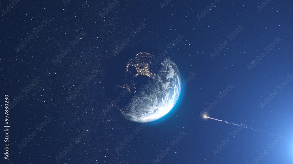 Poster meteor flying toward planet earth, outer space view 3d rendering of planet earth with potential aste