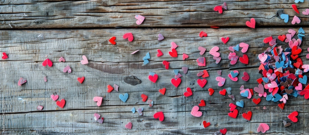 Poster heart shaped confetti on an old wooden surface flat lay top view. copy space image. place for adding