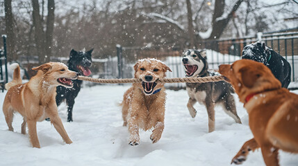 Naklejka premium A group of dogs playing tug-of-war with a rope in a snowy backyard each pulling with excitement surrounded by snowy trees and a fence.