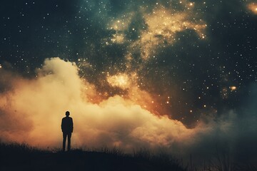 Fototapeta premium Silhouette of a man standing on a hilltop under a starry sky with bright clouds and nebula. Concept of wonder, mystery, and exploration.