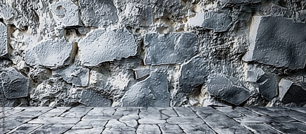 Poster gray backdrop the building s stone wall. copy space image. place for adding text and design
