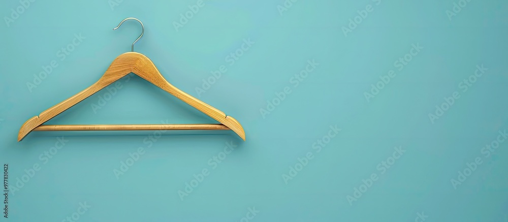 Poster one wooden hanger on a light blue background viewed from above room for text. copy space image. plac