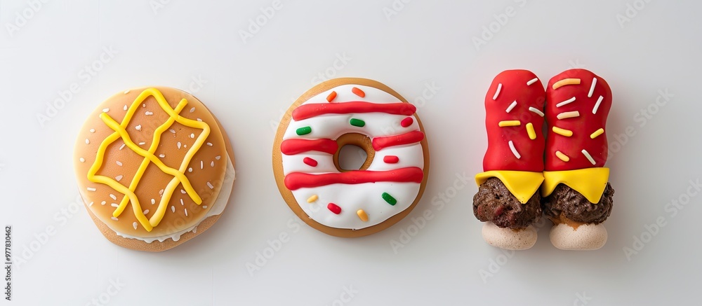 Poster miniature fast food crafted from fondant icing sugar set against a white background. copy space imag