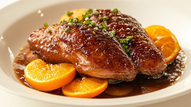 A dish of canard &agrave; l&rsquo;orange with crispy duck and orange glaze, isolated on a light cream background for a classic French presentation