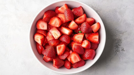 White bowl filled with freshly chopped strawberries on a light gray background, viewed from the top.