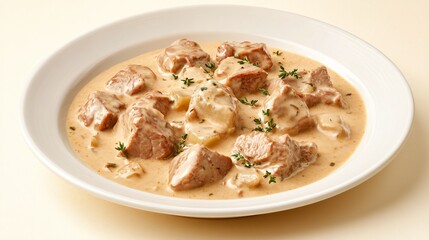 A plate of blanquette de veau, a creamy veal stew, isolated on a light beige background to highlight the velvety sauce and tender meat