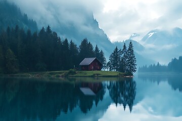 Obraz premium Cabin on an island in a lake surrounded by fog and mountains. Beautiful and peaceful nature scenery.