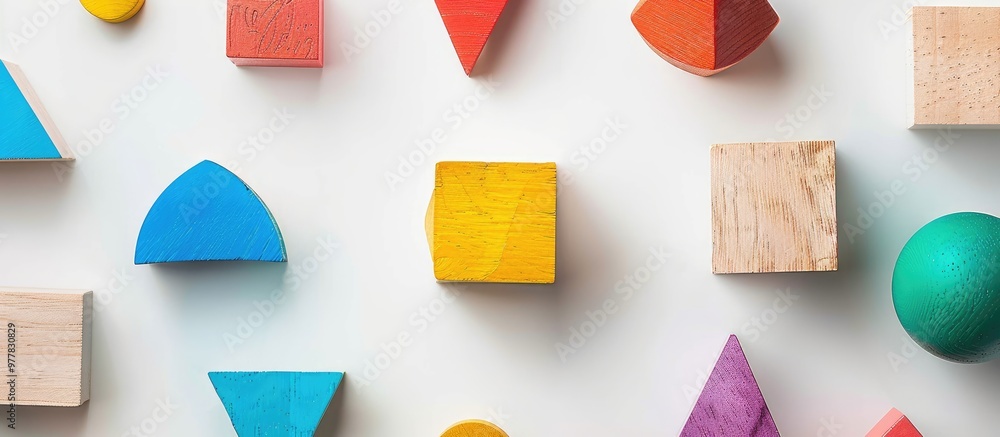 Poster concept of creative and logical thinking various colorful wooden shape blocks on a white background 