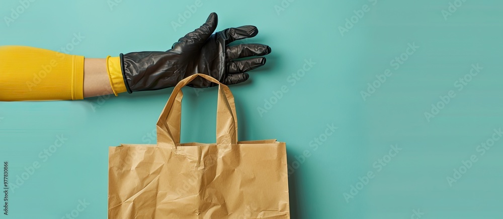 Poster a reusable shopping bag with a hand wearing a black disposable glove pop art style top view space fo