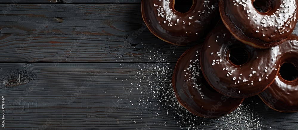 Poster close up of donuts with icing a top view of chocolate donuts dusted with icing sugar on a black wood