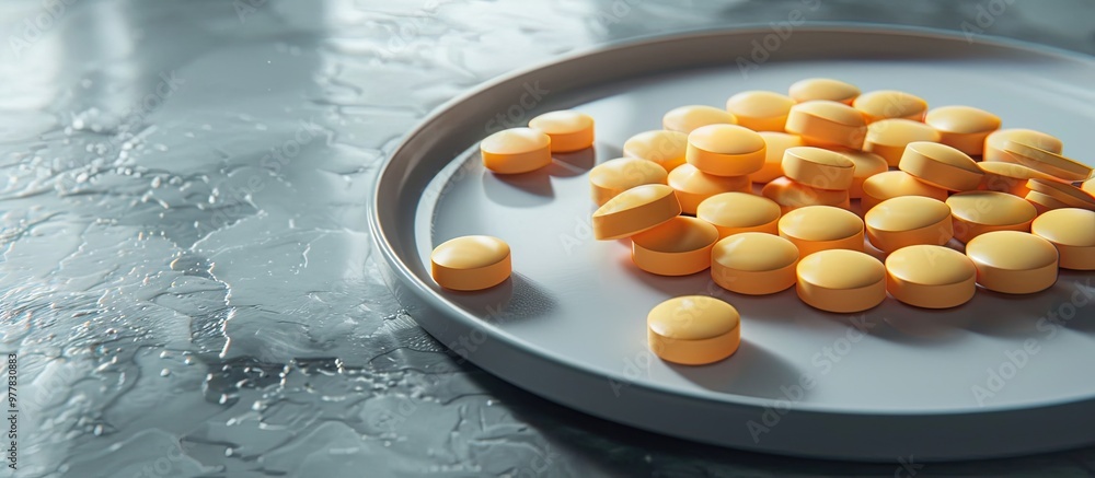 Poster close up shot of a plate filled with medical pills. copy space image. place for adding text and desi