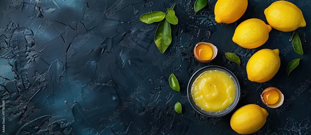 Aufkleber lemons and lemon curd made with eggs and lemons on a dark background top view with copy space vertic