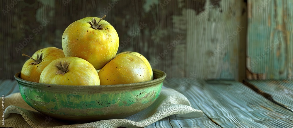 Aufkleber yellow golden delicious apples in a green bowl with a napkin on a rustic wooden surface. copy space 